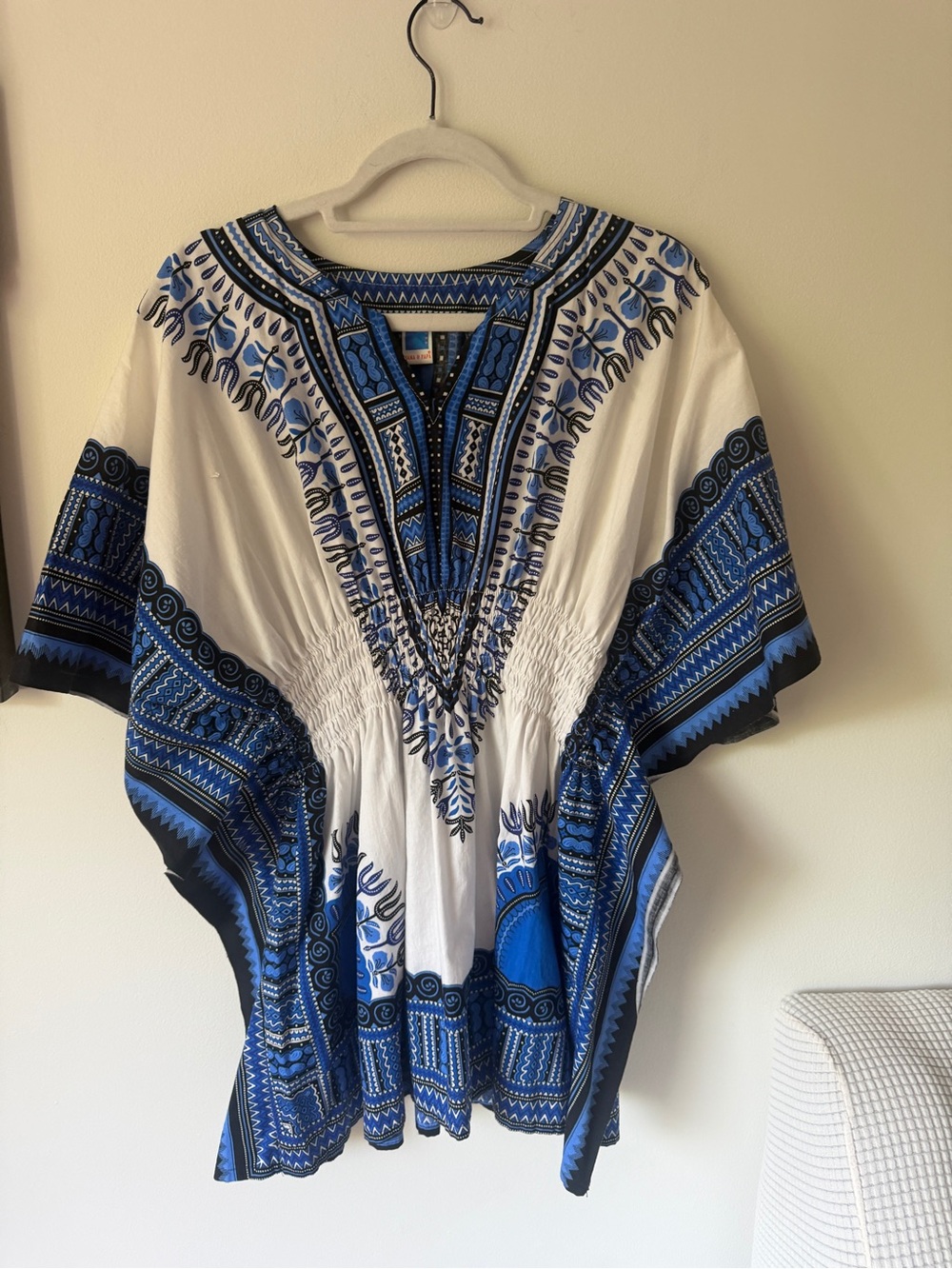 White and Blue Embroidered V-Neck Women's Tunic Top
